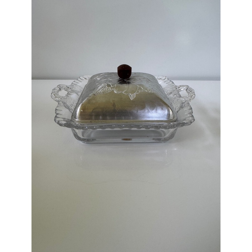 Vintage Cambridge Glass Butter Dish Farberware Aluminum Lid Floral Mid Century